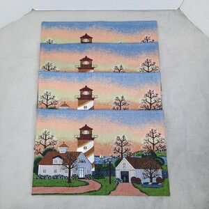 4 Vintage Tapestry Placemats Lighthouse Spring Sunset Coastal Nautical Folk Art